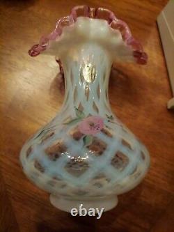 Fenton Meadow Beauty Rose Crest Hand Painted Vase Artist Signed Lattice 7.5