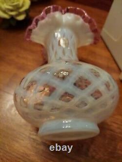 Fenton Meadow Beauty Rose Crest Hand Painted Vase Artist Signed Lattice 7.5