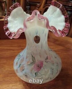 Fenton Meadow Beauty Rose Crest Hand Painted Vase Artist Signed Lattice 7.5