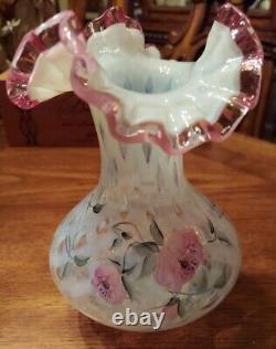 Fenton Meadow Beauty Rose Crest Hand Painted Vase Artist Signed Lattice 7.5