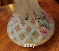 Fenton Meadow Beauty Rose Crest Hand Painted Vase Artist Signed Lattice 7.5