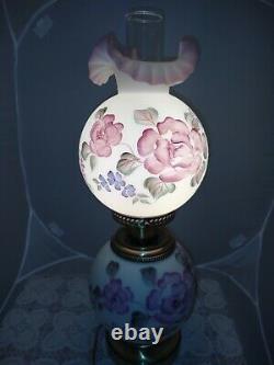 Fenton Opal Satin Lavender Glass Hand Painted Floral Gone With Wind Lamp 3-Way