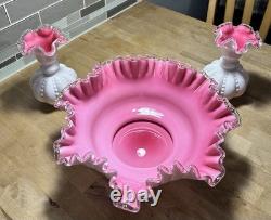 Fenton Peach Crest Vintage 13 Bowl With 2 Flower Vases 6.5 Pink & White Set