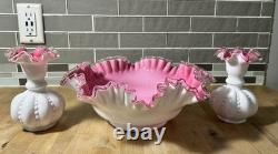 Fenton Peach Crest Vintage 13 Bowl With 2 Flower Vases 6.5 Pink & White Set