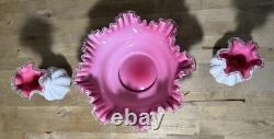 Fenton Peach Crest Vintage 13 Bowl With 2 Flower Vases 6.5 Pink & White Set