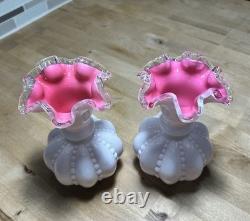 Fenton Peach Crest Vintage 13 Bowl With 2 Flower Vases 6.5 Pink & White Set