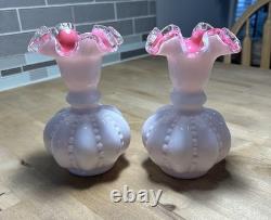 Fenton Peach Crest Vintage 13 Bowl With 2 Flower Vases 6.5 Pink & White Set