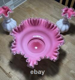 Fenton Peach Crest Vintage 13 Bowl With 2 Flower Vases 6.5 Pink & White Set