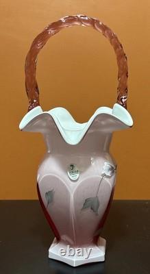 Fenton Pink Art Glass Ruffle Edge Hexagonal Ribbed White Cased Basket T Gaskins