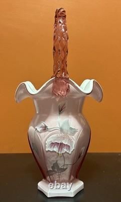 Fenton Pink Art Glass Ruffle Edge Hexagonal Ribbed White Cased Basket T Gaskins