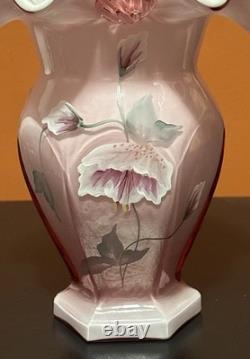 Fenton Pink Art Glass Ruffle Edge Hexagonal Ribbed White Cased Basket T Gaskins