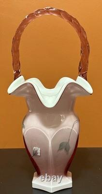 Fenton Pink Art Glass Ruffle Edge Hexagonal Ribbed White Cased Basket T Gaskins