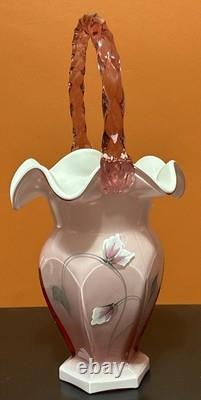 Fenton Pink Art Glass Ruffle Edge Hexagonal Ribbed White Cased Basket T Gaskins