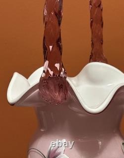 Fenton Pink Art Glass Ruffle Edge Hexagonal Ribbed White Cased Basket T Gaskins