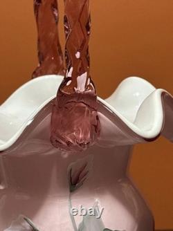 Fenton Pink Art Glass Ruffle Edge Hexagonal Ribbed White Cased Basket T Gaskins