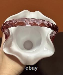 Fenton Pink Art Glass Ruffle Edge Hexagonal Ribbed White Cased Basket T Gaskins