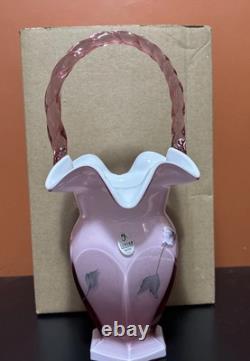 Fenton Pink Art Glass Ruffle Edge Hexagonal Ribbed White Cased Basket T Gaskins