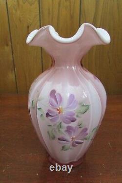 Fenton Pink Cased Art Glass Hand Painted Flowers Ruffled Glass 7 1/2 Vase