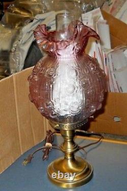 Fenton Pink Glass Cabbage Rose Electric Student Table Lamp 19 Tall Very Good