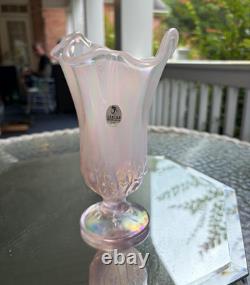 Fenton Pink Iridescent Art Glass Ruffled Rim Vase Pedestal Base