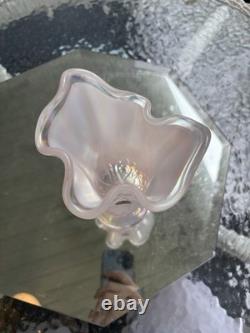 Fenton Pink Iridescent Art Glass Ruffled Rim Vase Pedestal Base