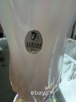 Fenton Pink Iridescent Art Glass Ruffled Rim Vase Pedestal Base