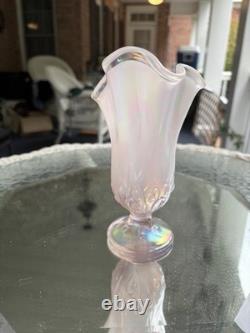 Fenton Pink Iridescent Art Glass Ruffled Rim Vase Pedestal Base