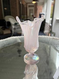 Fenton Pink Iridescent Art Glass Ruffled Rim Vase Pedestal Base