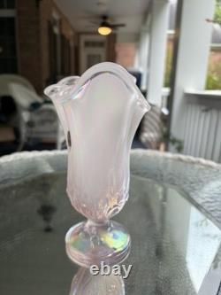 Fenton Pink Iridescent Art Glass Ruffled Rim Vase Pedestal Base