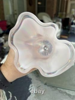 Fenton Pink Iridescent Art Glass Ruffled Rim Vase Pedestal Base