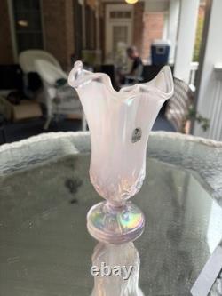 Fenton Pink Iridescent Art Glass Ruffled Rim Vase Pedestal Base
