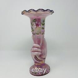 Fenton Pink Iridescent Torch Mothers Hand Vase Hand Painted Floral Signed 1997