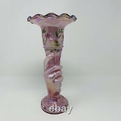 Fenton Pink Iridescent Torch Mothers Hand Vase Hand Painted Floral Signed 1997