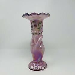 Fenton Pink Iridescent Torch Mothers Hand Vase Hand Painted Floral Signed 1997