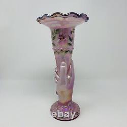 Fenton Pink Iridescent Torch Mothers Hand Vase Hand Painted Floral Signed 1997