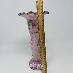 Fenton Pink Iridescent Torch Mothers Hand Vase Hand Painted Floral Signed 1997