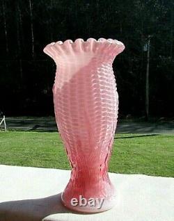 Fenton Pink Overlay Maize Corn Ribbon Crimped Glass Vase 7.25. H 1960 RARE