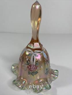 Fenton Pink/peach Opalescent Iridescent Floral Glass Bell Sign Kathy Mackey LTD