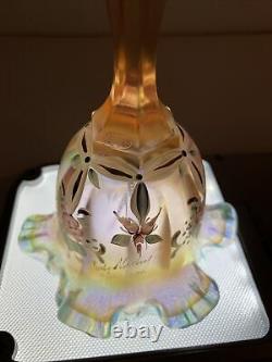 Fenton Pink/peach Opalescent Iridescent Floral Glass Bell Sign Kathy Mackey LTD