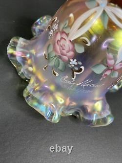 Fenton Pink/peach Opalescent Iridescent Floral Glass Bell Sign Kathy Mackey LTD