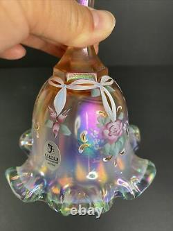 Fenton Pink/peach Opalescent Iridescent Floral Glass Bell Sign Kathy Mackey LTD