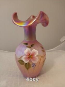 Fenton Raspberry Carnival Opalescent Iridized Tulips Floral Hand Painted Vase