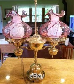 Fenton Rose Pink Paisley Glass Shade Double Brass Student Lamp with Shades
