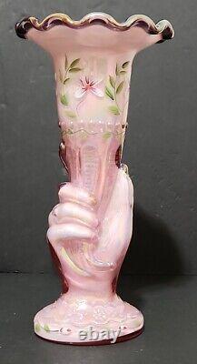 Fenton Second Pink Iridescent Torch Hand Vase Painted Signed 10 3/4 T