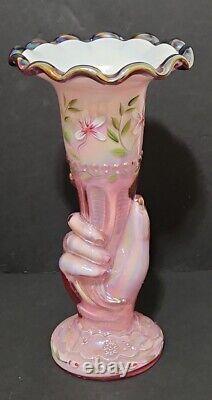 Fenton Second Pink Iridescent Torch Hand Vase Painted Signed 10 3/4 T