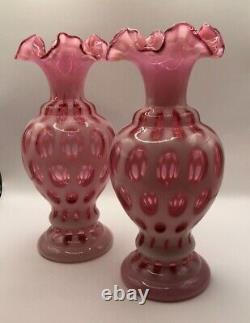 Fenton Set of 2 Cranberry Coin Dot Pair 8.5 Vases Lot Polka Spots Ruffle Pink