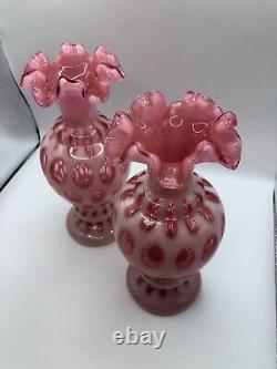 Fenton Set of 2 Cranberry Coin Dot Pair 8.5 Vases Lot Polka Spots Ruffle Pink