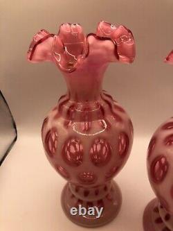 Fenton Set of 2 Cranberry Coin Dot Pair 8.5 Vases Lot Polka Spots Ruffle Pink