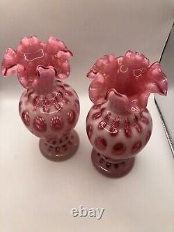 Fenton Set of 2 Cranberry Coin Dot Pair 8.5 Vases Lot Polka Spots Ruffle Pink