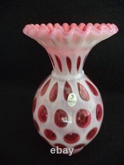 Fenton art glass vase 9in coin dot cranberry opalescent ruffled rim 1940s-50s